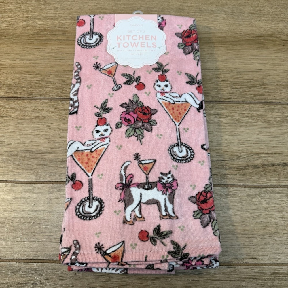NWT Envogue 3 Pack Kitchen Towels Pink Cats Martini Glasses Floral Whimsical